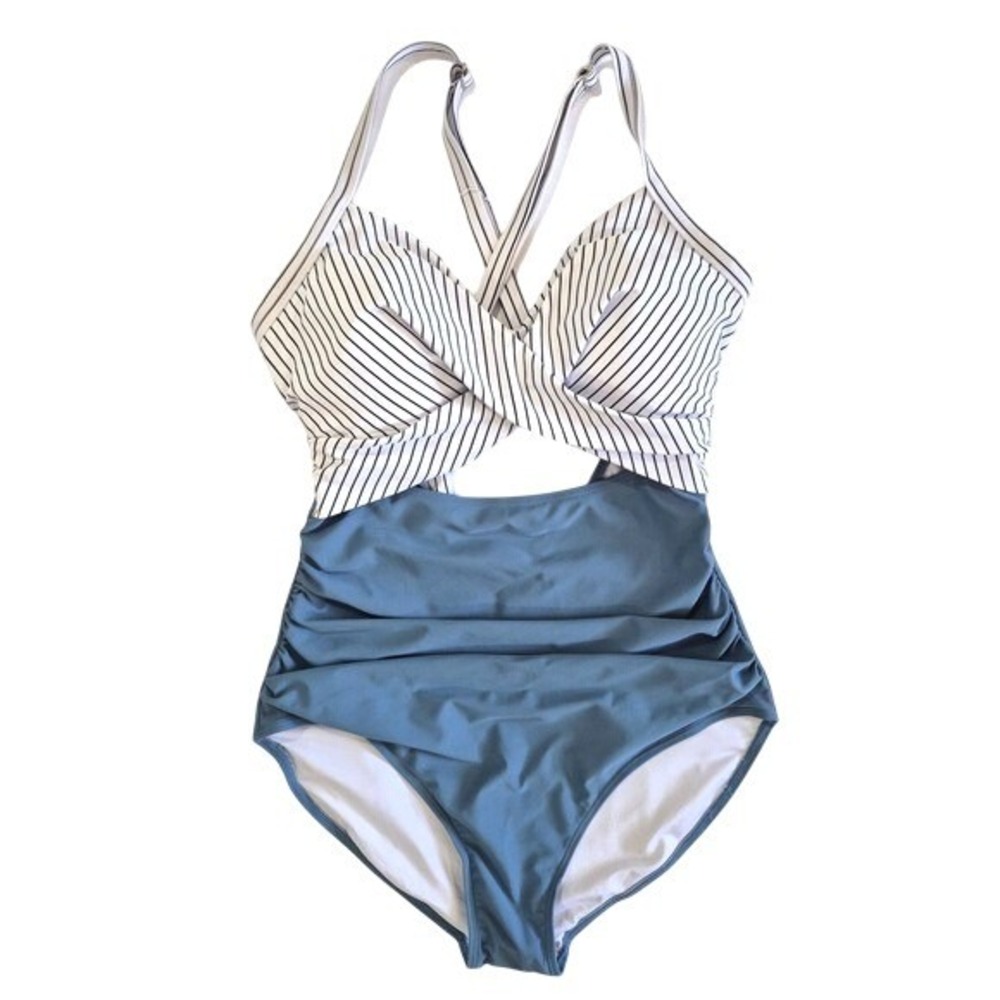 Eomenie Womens One Piece Swimsuit Blue White Striped Ruched Tummy Control Large - Picture 1 of 6